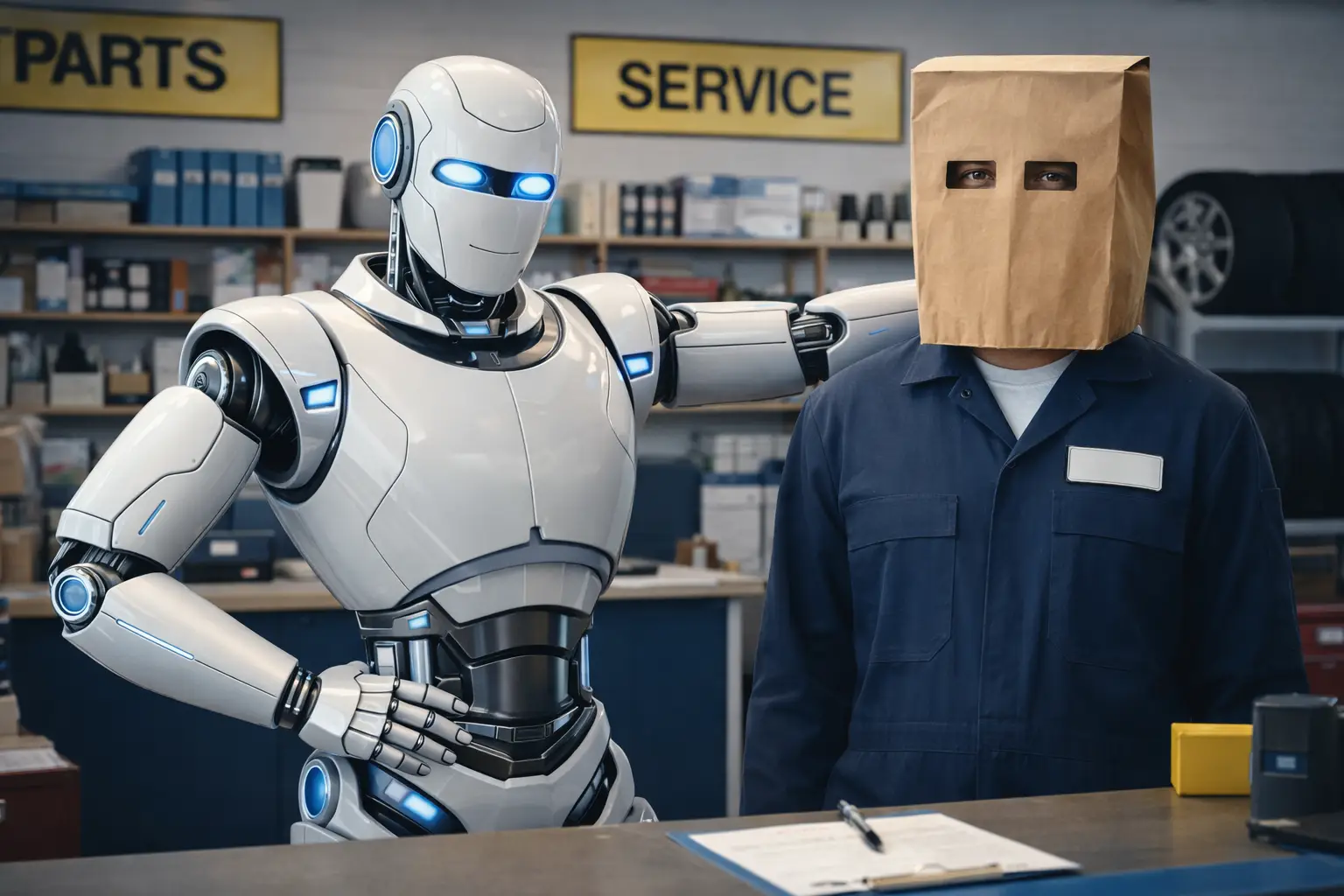 AI stands as a proud partner but the business owner feels ashamed to be associated with it