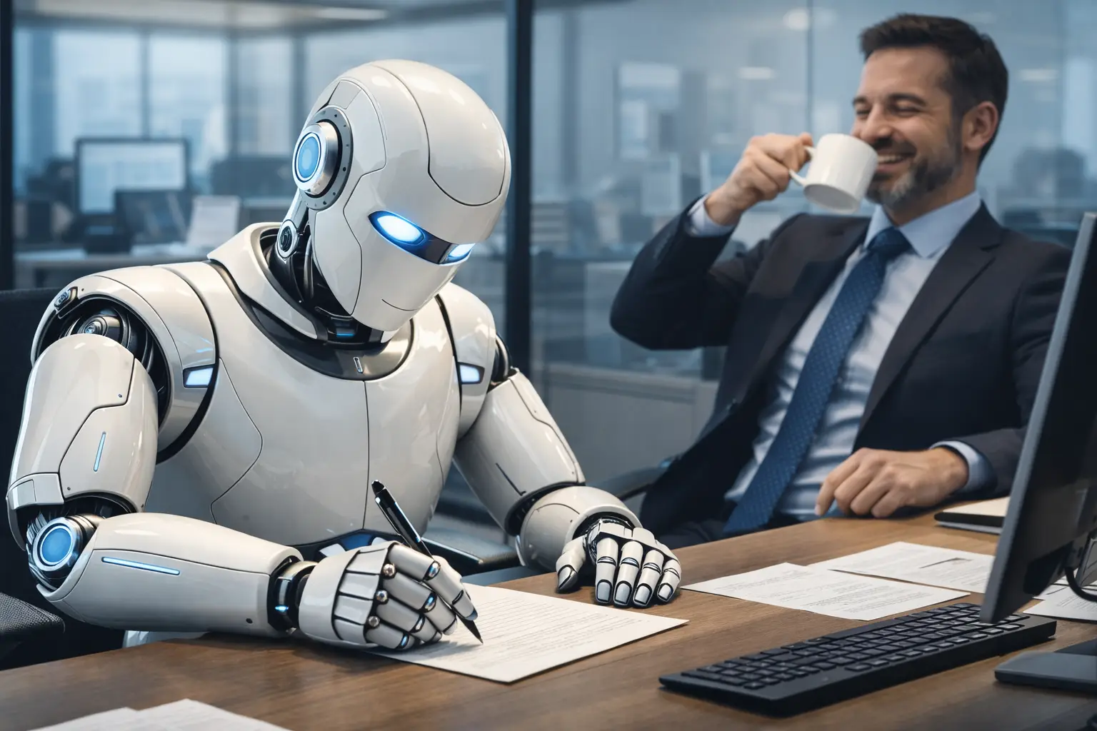 A robot writes a thank you note while a businessman relaxes