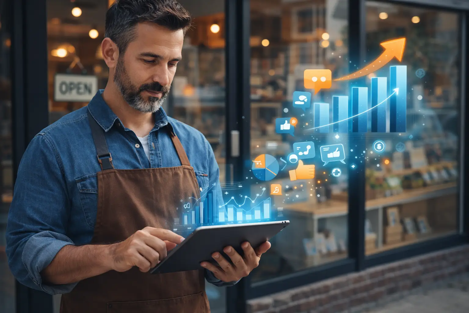 Small business owner using tablet to view AI-augmented digital marketing initiatives