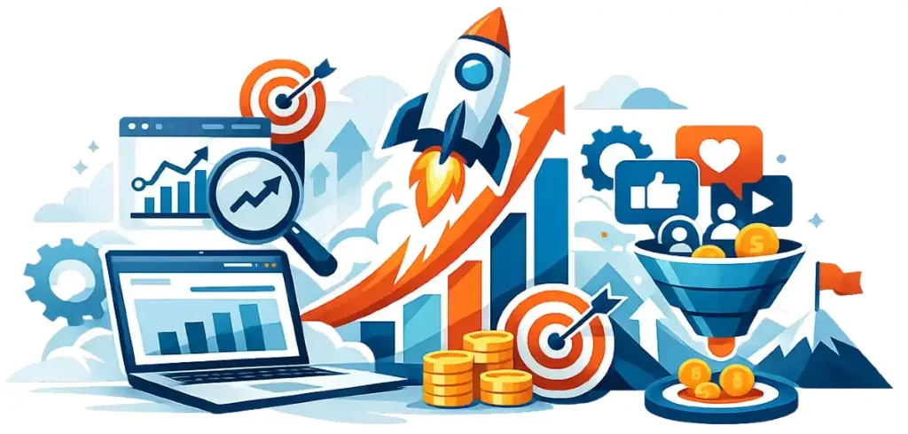 Illustration representing aspects of digital marketing and business growth