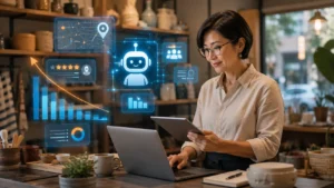 A woman using ai to consolidate and interpret marketing results.