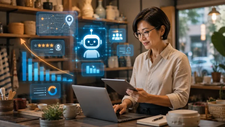 A woman using ai to consolidate and interpret marketing results.
