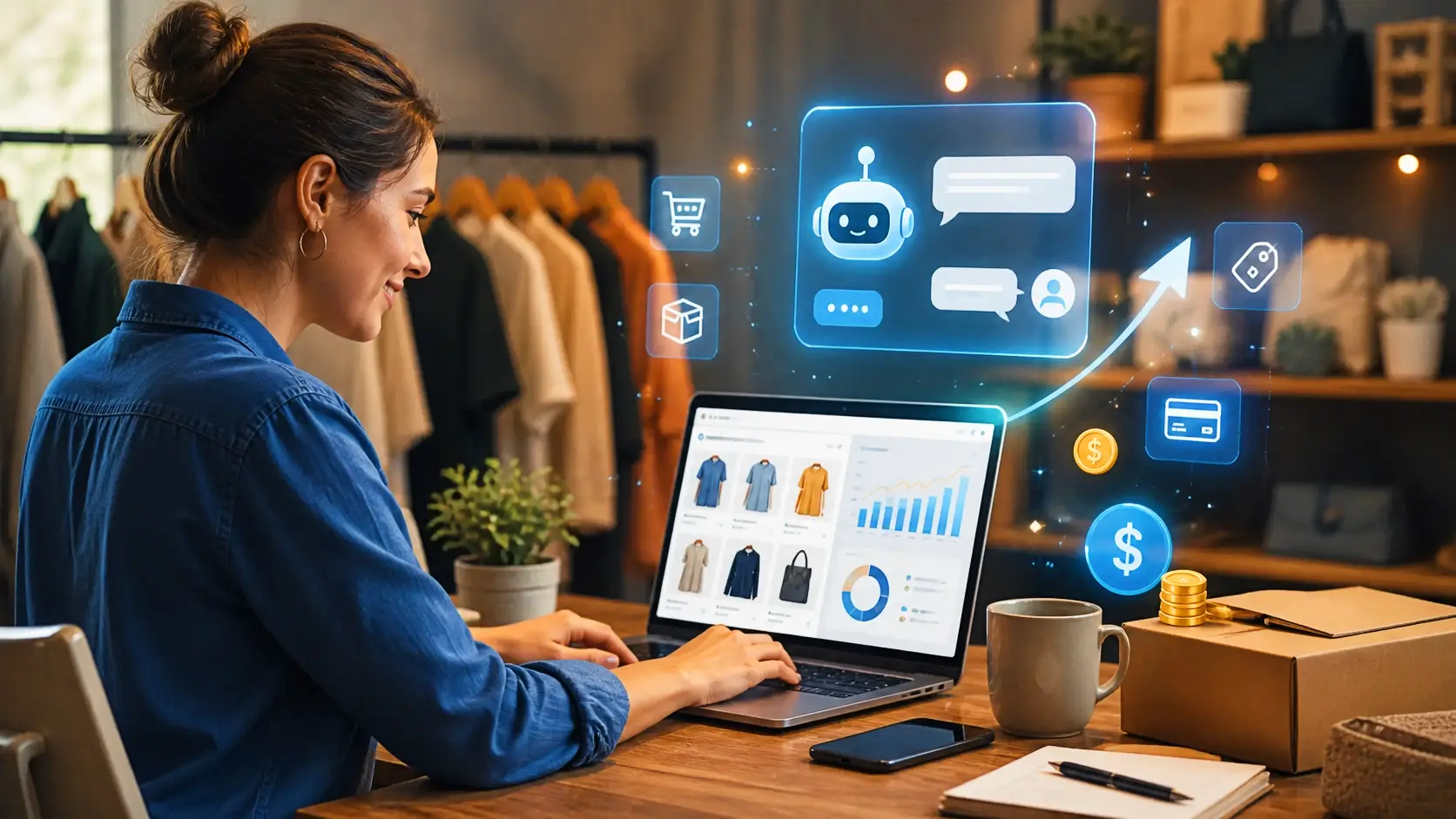 A small business owner seeing the benefits of using an AI Chatbot in their e-commerce store.